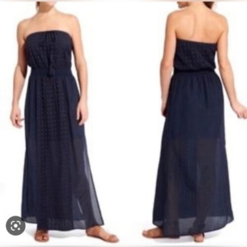 Athleta Molokai Strapless Maxi Eyelet Silk-Blend in Navy Blue Dress in Small - Picture 3 of 11